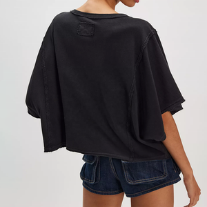 Nueva Camiseta Casual de Verano para Mujer, Cuello Redondo, Talla Grande, Color Negro Sólido, Manga Murciélago, Corte Regular, Tela Jersey - Product Image 2