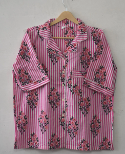 Conjunto de Pijama Elegante de Algodón Tejido con Rayas Florales Rosas, Estampado a Mano, Ropa de Dormir Larga para Mujer, Exquisito Conjunto de Dos Piezas - Product Image 6