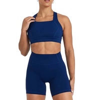 Vêtements de sport de qualité supérieure pour femmes, soutien-gorge de sport bleu, short de cycliste, ensembles de fitness athlétiques, deux pièces, 100% coton respirant