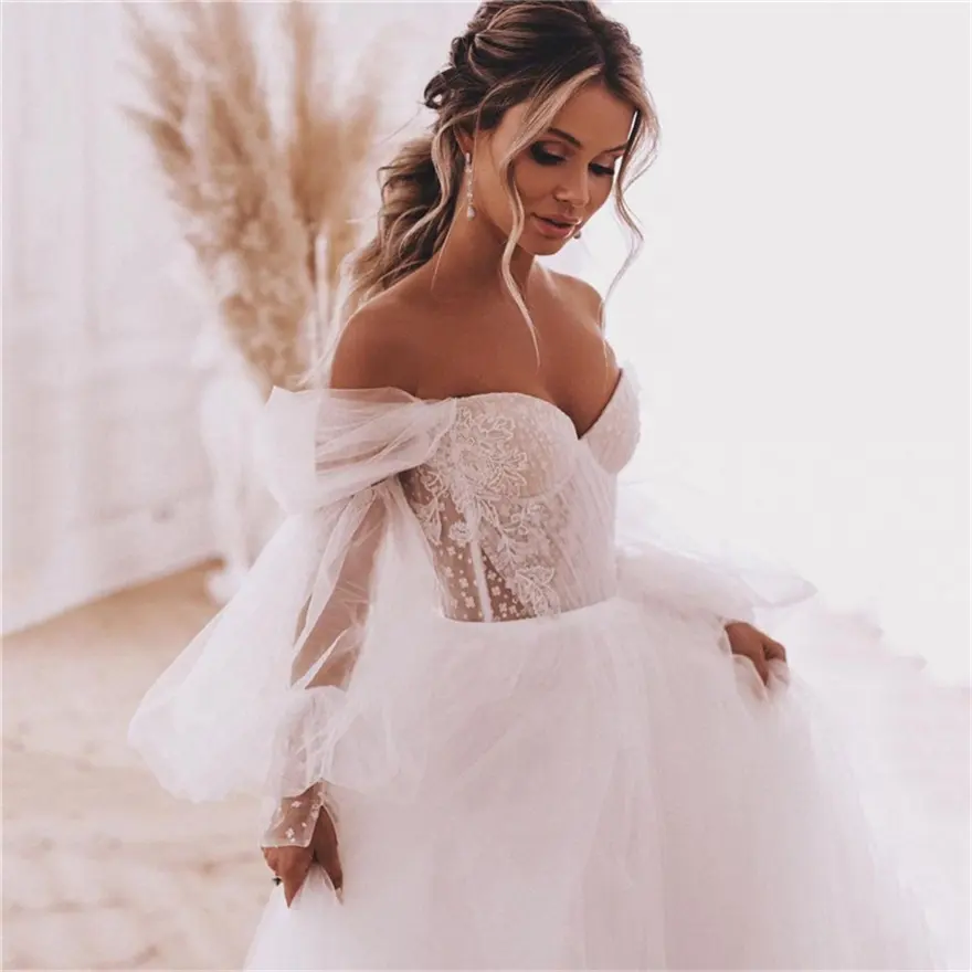 Boho Puff Sleeve Detachable Wedding Dresses Fairy Backless Beach Bridal Gowns