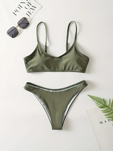 Bikini con tirantes ajustables para mujer – Traje de baño de dos piezas de color liso y corte ajustado para playa y piscina - Product Image 3