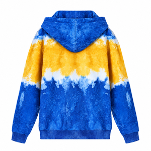 Sudadera con Capucha Azul, Dorado y Blanco con Estampado Tie Dye, Letras Griegas Bordadas, Bolsillo Canguro, Ropa Casual Unisex - Product Image 5