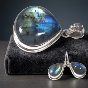Parure de bijoux en argent sterling 925 avec labradorite, pendentif et boucles d'oreilles, pierre précieuse à reflet bleu, forme goutte d'eau, sertissage clos, pour femme - Product Image 3
