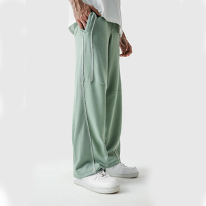 Pantalon de survêtement ample pour homme, très demandé, coupe large, avec bordure contrastante blanche, vert sauge, en molleton épais - Product Image 4