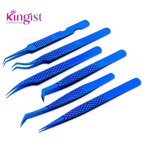 Custom Individual BlUE Stainless Steel Professional <b>Precision</b> Anti-Static Eyelash Extension Tweezers Private Label Pointed Set - Product Image 1
