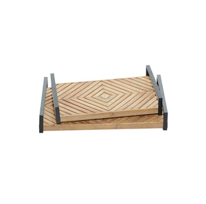 Wooden Set Of 2 Rectangle Trays With Geometric Pattern And <b>Black</b> Metal Handles Minimalist Design Serving <b>Plates</b> - Product Image 1