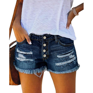 Shorts en jean taille haute avec poches arrière déchirées, ourlet brut, délavage léger et effet vieilli sur les jambes - Product Image 2