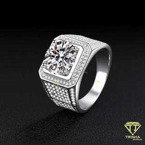 Bague Chevalière Halo pour Homme en Argent avec Diamant de Laboratoire Rond Taillé, Bague de Fiançailles de Luxe, Bague de Mariage Hip Hop, Cadeau pour Lui - Product Image 2