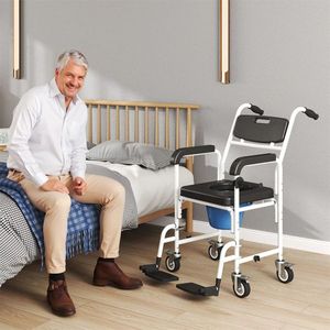 Black Manual Wheelchair for Seniors Bedside <b>Commode</b> <b>Chair</b> with Shower Features - Product Image 3