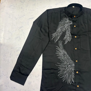 Classic <b>Long</b>-Sleeve Collarless Casual Shirt Featuring Hand-painted Pattern 100% Cotton Velour Fabric Single Button Shirts - Product Image 4