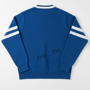 Cardigan en tricot bleu personnalisé avec logo blanc imprimé, manches longues, col rond, pull décontracté pour femme, longueur standard, rayé - Product Image 2