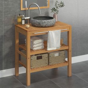 Mobile mobile da bagno in Teak solido con lavabo in marmo nero di qualità Premium - Product Image 1