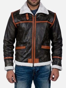 Distressed <b>Shearling</b> Brown Leather <b>Jacket</b> - Product Image 1
