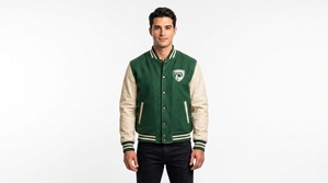 Veste de sport verte pour homme, manches crème, logo brodé, fermeture boutonnée sur le devant, style preppy, vêtement d'extérieur pour l'automne - Product Image 3