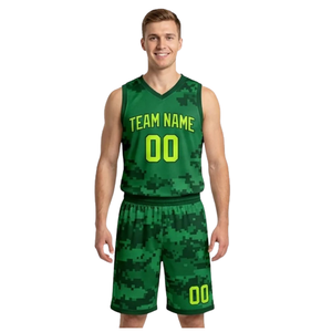 Conjunto de Uniforme de Baloncesto Personalizado para Hombre, Camuflaje Digital Verde, Jersey sin Mangas con Cuello en V, Pantalones Cortos, Números Amarillos Neón, Venta al Por Mayor - Product Image 1