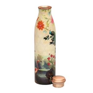 Copper <b>Water</b> <b>Bottle</b> Floral Peacock Design Portable Travel <b>Thermos</b> With Gold Rim - Product Image 1
