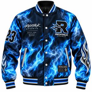Veste varsity pour homme à imprimé flamme, en PU, col rabattu, fermeture à boutons, streetwear, vêtements d'automne - Product Image 5