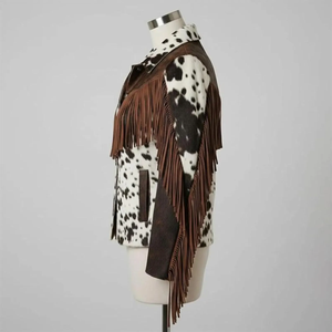 Chaqueta de Cuero Genuino para Mujer, Chaqueta Vaquera Occidental de Piel de Vaca Blanca con Flecos - Product Image 6