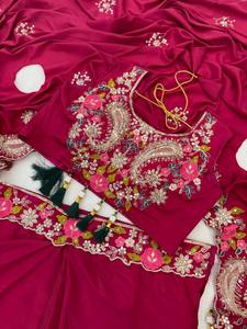 Ensemble Anarkali brodé bordeaux avec Lehenga floral et Dupatta – Robe de mariée indienne en coton extensible infroissable pour les fêtes - Product Image 5