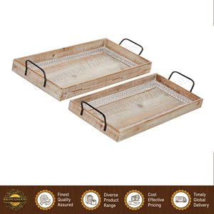 Good Quality Restaurant & Hotel Supplies Hand Carved Mango Wood Serving <b>Tray</b> <b>with</b> Metal <b>Handles</b> Set of 2 from Indian Exporter - Product Image 4
