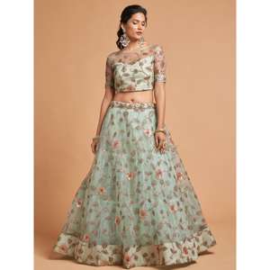 Impresionante vestido de noche de red de hilo verde Pista Lehenga Choli para ropa de fiesta - Product Image 3