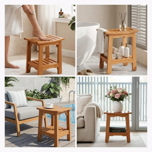Sgabello da doccia in teak da 14 pollici con sedile antiscivolo regolabile, sgabello spa per bagni domestici e uso esterno, adatto agli anziani, con funzione di stoccaggio - Product Image 6