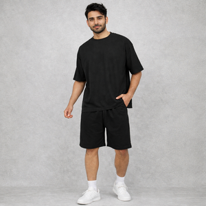 Conjunto de Camiseta y Pantalones Cortos de Algodón 100% Negro para Hombre, Transpirable, Tejido, Verano, Casual, Dos Piezas, ODM, Logotipo Personalizado - Product Image 5