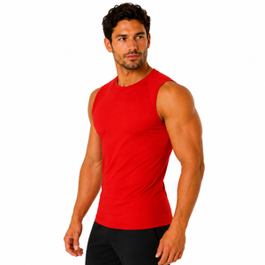 Custom Brand Men's <b>Red</b> Sleeveless O-Neck Tank <b>Top</b> Solid Breathable Sporty Fitness Gym Wear 100% Polyester Knitted 100g Front - Product Image 5
