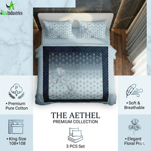 Elegant Blue Floral King Size Cotton Bedsheet <b>Set</b> | Digital Panel Print Soft <b>Bedding</b> <b>Set</b> with 2 Pillow Covers Luxury Home Decor - Product Image 3