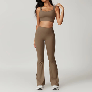 Ensemble de yoga 2 pièces pour femme, le plus vendu, couleur jaune unie, bretelles spaghetti, col rond, sans manches, coupe ajustée, taille haute élastique - Product Image 2