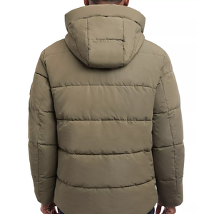 Men's Olive Green Hooded Puffer <b>Jacket</b> <b>Zipper</b> Closure Windproof Casual Winter Regular Fit Canvas Sherpa Lining Polyester Wadding - Product Image 3