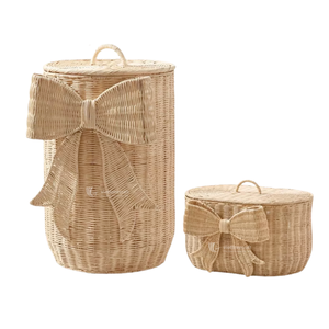 Whimsical Hand-Woven Eco-Friendly Rattan Bow Basket Set Multifunctional Decorative Nursery <b>Storage</b> Bin Lid Wicker Laundry <b>Hamper</b> - Product Image 2