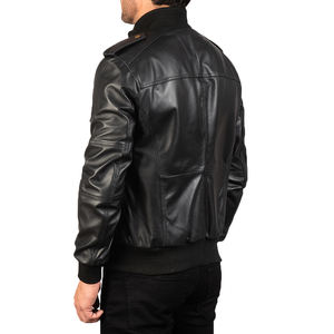 Chaqueta de cuero estilo bomber negra para hombre, con cuello acanalado, bolsillos utilitarios, estilo motero, ropa exterior de moda, suministro de fábrica - Product Image 5