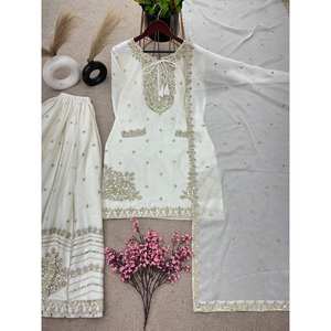 ชุดเสื้อและกางเกง SRK Designer พร้อมผ้าคลุมไหล่ ปักลายด้วยเลื่อม สีขาว ไซส์ XL - Product Image 1