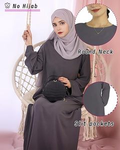 Abaya grise unie pour femme, manches longues, col rond, longueur cheville, robe modeste style Moyen-Orient, tenue quotidienne, coupe ample, polyester - Product Image 2