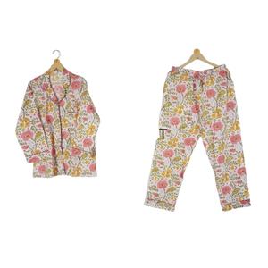 Ensemble de pyjama long sexy en coton 100% indien fait à la main, taille élastique, imprimé floral élégant, vêtements de nuit, cadeau personnalisé pour la mariée - Product Image 1