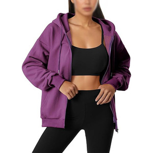Women’s Purple Fleece Zip Up Hoodie Manufacturer Oversized Casual Sweatshirt <b>Jacket</b> with Drawstring Hood & Pockets for Wholesale - Product Image 3