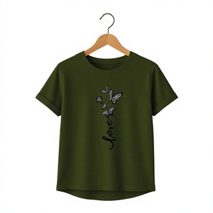 Camiseta de Cuello Redondo Verde Oliva para Mujer, con Mariposas Bordadas y Texto de Amor, Corte Ajustado, Elegante, Ecológica, de Secado Rápido, para Primavera/Verano - Product Image 1