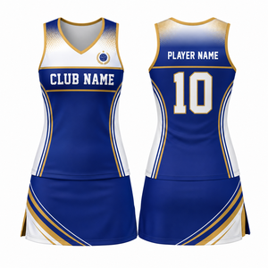 MEGAMAPLE Uniforme de netball sans manches personnalisé pour femmes, bleu et jaune, impression par sublimation, robe respirante en polyester, taille XS IMA-NBU-007 - Product Image 1