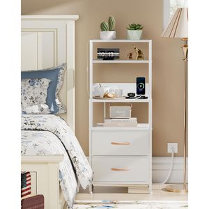 <b>Tall</b> White Nightstand with 4-Tier Shelves and 2 PU Fabric Drawers Bed Side <b>Tables</b> with Light Tube Charging Stati - Product Image 2