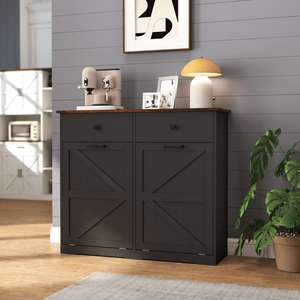 Poubelle autoportante de style farmhouse de 20 gallons avec double tiroir escamotable noir pour le recyclage et le rangement de cuisine - Product Image 1