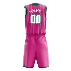 Conjunto de Baloncesto Rosa al por Mayor con Ribete Verde, Transpirable, Sublimado, de Poliéster Suave, Sin Mangas, Tejido que Absorbe la Humedad, Personalizado para Deportes - Product Image 3