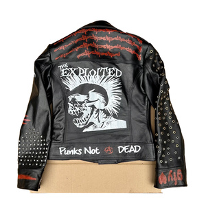 <b>Punk</b> Style Black Leather Motorcycle <b>Jacket</b> With Patches Rivets And Skull Print For Unisex Autumn Wear - Product Image 2