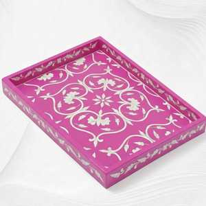 Handmade Floral Bone Inlay Tray | Geometric Chevron Serving <b>Coffee</b> <b>Table</b> Decor Vanity Display Ottoman Serving Tray - Product Image 2