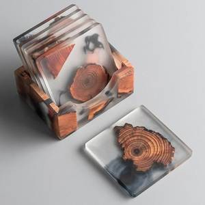 Geo Glow Resin Coaster Handmade Resin Coasters With <b>Wood</b> <b>Slices</b> Square Modern Design Non Slip Table Mats Decorative Coasters - Product Image 1