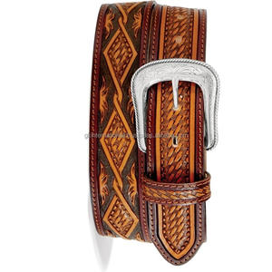 เข็มขัดหนังสไตล์ตะวันตกสำหรับทุกเพศพร้อมหัวเข็มขัดลายดอกไม้งานแกะสลักด้วยมือทนทานทำในอินเดีย - Product Image 3