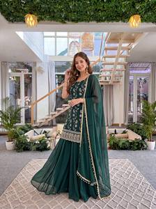 Premium Wine and <b>Emerald</b> Green Embroidered Sharara Suit Set with Chiffon Dupatta Designer Ethnic Party Wear Wedding Outfit - Product Image 3