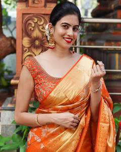 Sari de Seda Kanchipuram Naranja de Lujo para Mujer, Traje Tradicional Indio para Boda, Blusa Étnica Premium, Moda de Verano e Invierno - Product Image 3