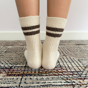 Chaussettes mi-mollet rayées marron crème pour femmes, tricotées côtelées, respirantes, pour usage quotidien - Product Image 6