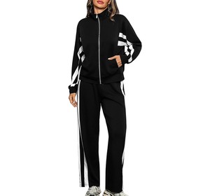 Ensemble de survêtement rayé noir et blanc pour femme, manches longues, fermeture éclair sur le devant, pantalon de jogging sportif, respirant, coupe régulière, 100 % polyester, automne - Product Image 1